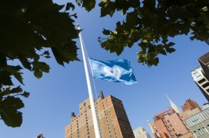 The U.N. flag flies at half-mast in memory of staff killed during the most recent Israeli air strikes in Gaza. Credit: UN Photo/Mark Garten