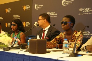 Chibok girls who survived Boko Haram, Sa'a (left) and Rachel (right) at a press conference moderated by Vikas Pota, CEO, Varkey Foundation, at the Global Skills and Education Forum, Dubai. Credit: Busani Bafana/IPS