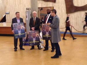 Journalists call for the freeing of a colleague at a UNESCO colloquium in Paris. Credit: A.D. McKenzie/IPS