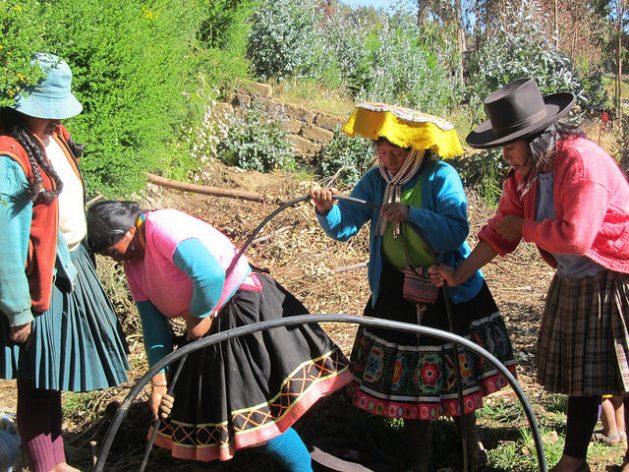 Bonificia Huamán (2nd- L), carries out a communal task with other women in Llullucha, a Quechua community located 3,553 meters above sea level, where 80 families practice subsistence agriculture, overcoming the challenges of the climate in the Andean region of Cuzco, Peru. Credit: Mariela Jara / IPS