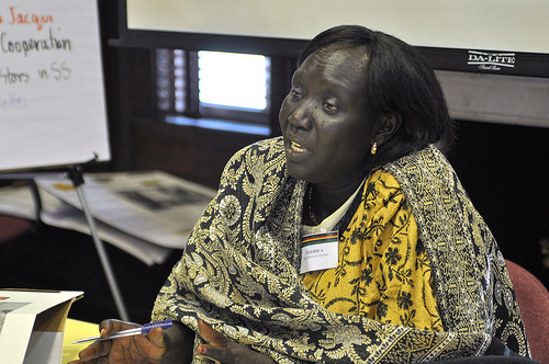 Davidica Ikai Grasiano Ayahu of the ITWAK Organisation addresses a working group on the specific medical needs of women in South Sudan. / Credit:Shereen Hall, courtesy of the Institute for Inclusive Security