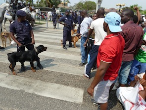 Several dozen protestors square off with police in a demonstration in the capital Luanda.  Credit: Louise Redvers/IPS 