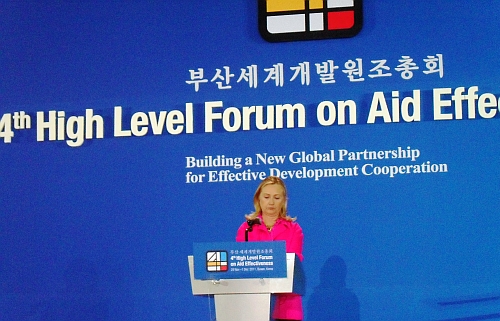 Hillary Clinton at Busan Credit: Miriam Gathigah/IPS