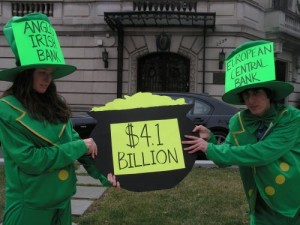 Activists in leprechaun costumes represented the Anglo-Irish Bank and the European Central Bank (ECB) grabbing a 4.1-billion-dollar "pot of gold". Credit: Jennifer Tong/IPS