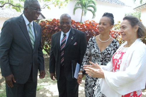 L-R Prime Minister Freundel Stuart, Minister of Environment and Drainage Dr. Denis Low, Professor Eudine Barriteau, UN Rep Margarita Astralaga. Credit: Desmond Brown/IPS