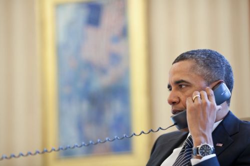 President Barack Obama talks on the phone with Prime Minister Benjamin Netanyahu in the Oval Office, Jan. 12, 2012. Credit: White House Photo by Pete Souza