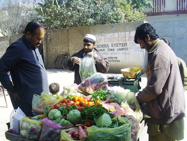 Many Afghan refugees in Pakistan do odd jobs, like selling vegetables.