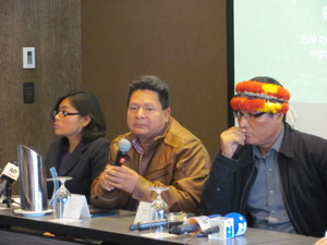 Cándido Mezúa (centre), the high chief of the Emberá-Wounaan territory, is calling for an integral focus in forest management that would benefit Panama’s indigenous people. Credit: Courtesy of COONAPIP