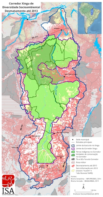Map of the Xingú River basin in Brazil’s Amazon region. The part marked in green – indigenous territory and officially protected zones – are surrounded by deforested areas (marked in red). The basin, which covers 511,149 sq km, is bigger than all of Spain. And the deforested area, 109,166 sq km, is as big as Cuba. Credit: Courtesy of the Socioenvironmental Institute