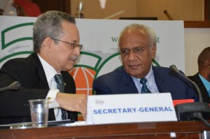 ACP Secretary-General Dr Patrick I. Gomes (left) and President of the Council of Ministers Meltek Sato Kilman Livtuvanu at the opening ceremony of the 101st Session of the ACP Council of Ministers, May 2015. Credit: Valentina Gasbarri/IPS