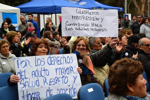 A group of Chilean pensioners demanding respect for their rights during an activity in Santiago this month, organised to promote the rights of women in this country. Credit: Claudio Riquelme/IPS