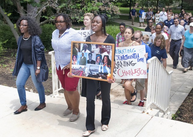 Students and faculty at Penn State university join together in a 'March for Peace, Nonviolence and Justice' on June 19 in remembrance of victims of hate crimes nationwide, including the lives lost in the tragic church shootings in Charleston, SC. Credit: Penn State/cc by 3.0