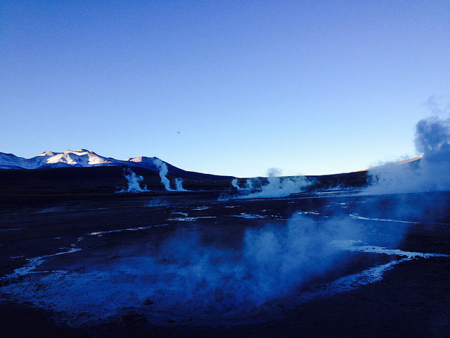 A photo taken at dawn in the middle of the steam from the El Tatio geysers in northern Chile, where this clean, unlimited source of energy will begin to be harnessed with the construction of the Cerro Pabellón geothermal plant in the rural municipality of Ollagüe. Credit: Marianela Jarroud/IPS