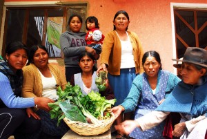 Women from the Sucre Association of Urban Producers, who are from poor neighbourhoods on the outskirts of Bolivia’s official capital, with a basketful of ecologically grown fresh vegetables from their greenhouses, which have improved their families’ diets and incomes. Credit: Franz Chávez/IPS