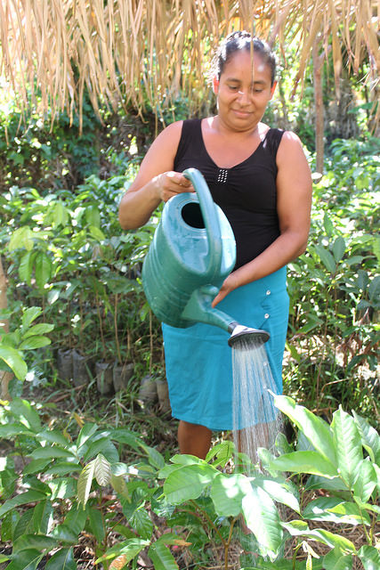 Belkys García is in charge of the Plan Grande nursery, where seedlings are grown to reforest the Matías river basin, which provides hydropower for the village, and to grow fruit and timber trees to generate incomes for this isolated fishing village in Honduras’ northern Caribbean region. Credit: Thelma Mejía/IPS