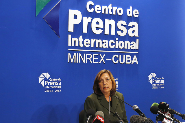 Josefina Vidal, director general of the Cuban foreign ministry’s U.S. Division, after reading out an official communiqué Feb. 18 on the historic Mar. 21-22 visit to the country by U.S. President Barack Obama. Credit: Jorge Luis Baños/IPS