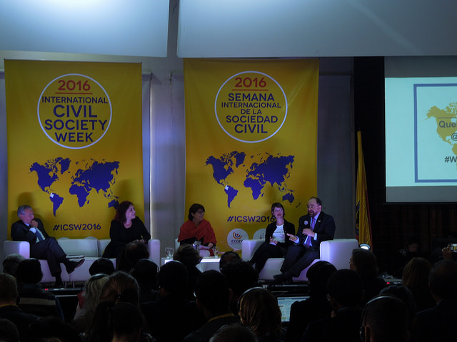 Emilio Álvarez-Icaza, executive secretary of the Inter-American Commission on Human Rights (IACHR), the last one on the right, speaking at an International Civil Society Week panel on the situation of activism in Latin America. Credit: Constanza Vieira/IPS
