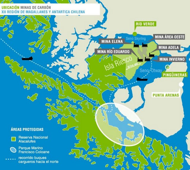 Map of the location of coal mines on Riesco Island at the southern tip of Chile. Credit: Riesco Island Alert