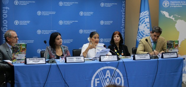FAO acting regional representative Eve Crowley (C) during the launch of the Panorama of Food and Nutrition Security in Latin America and the Caribbean 2016, at FAO headquarters in Santiago. The report , where it was warned that overweight affects 360 million people in the region. Credit: FAO