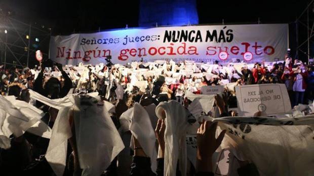 “Never again! No freedom for human rights abusers”, read a big banner in the massive rally where hundreds of thousands of Argentinians, wearing white headscarves representing the Mothers of Plaza de Mayo human rights group, demanded full punishment for dictatorship-era human right violators. Credit: Daniel Gutman/IPS