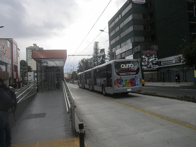 Quito’s system of trolleys with a dedicated lane was celebrated for reducing pollution in Ecuador’s capital. But the buses driven through overhead electric rails have been replaced by diesel motor vehicles, because they cost less. Credit: Mario Osava/IPS