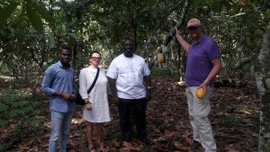 Professor of Food Science and Technology at the University of Ghana, Emmanuel Afoakwa, and other researchers at a cocoa farm. Credit: Kwaku Botwe/IPS