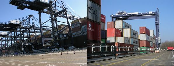 Container terminal showing quay cranes unloading and containers waiting to be transported to their destination [RM’s photos but can obtain official photos from Port of Felixstowe]. 