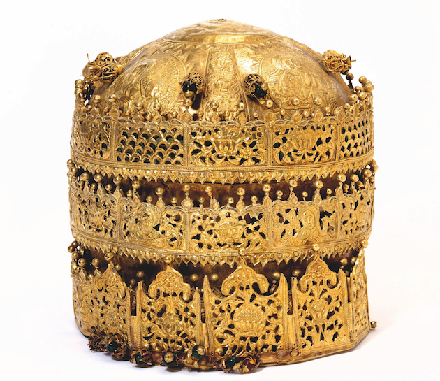 One of the items in the V&A exhibit: a gold and gilded copper crown with glass beads, pigment and fabric, made in Ethiopia, 1600-1850. Photo courtesy Victoria and Albert Museum, London.
