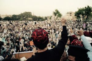 Manzoor Pashteen, a leader of the the Pashtun Tahafuz Movement, addresses a rally in Lahore on April 22, 2018. Credit: Khalid Mahmood/IPS