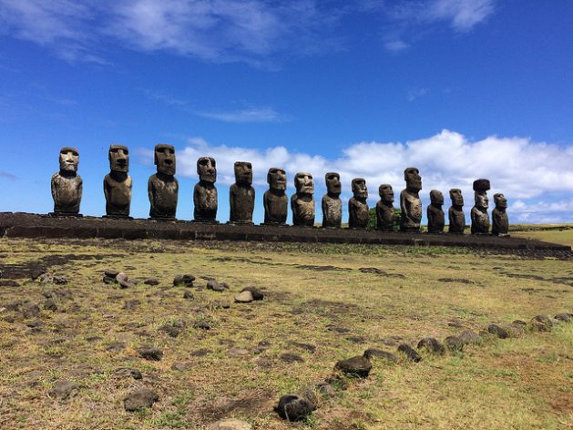 The 200-metre-long Tongariki Ahu, is the largest funerary platform in Rapa Nui or Easter Island. It has 15 Moais or volcanic stone statues, located on the southeastern coast of the island, in front of the Rano Raraku volcano, and over them hangs the threat of the impact of climate change on this vulnerable Chilean island territory. Credit: Orlando Milesi/IPS