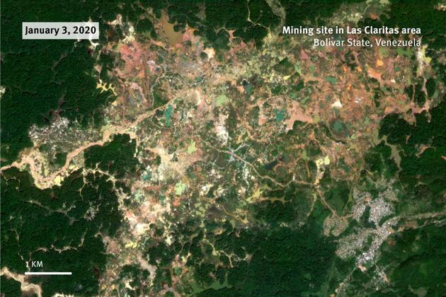 Satellite image recorded as of January 3, 2020 shows the extension of Las Claritas mining site in Bolivar State, Venezuela. © 2020 Planet Labs
