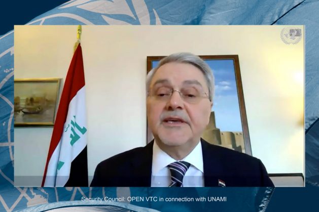 Mohammed Hussein Bahr Aluloom, Permanent Representative of Iraq to the United Nations, addresses the open video conference with Security Council members in connection with the United Nations Assistance Mission for Iraq (UNAMI). Courtesy: UN Photo/Evan Schneider