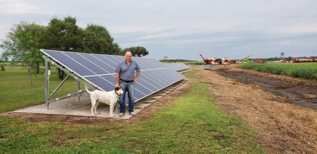 Teddy Cotella stands in front of the solar panels he installed in 2018 on his farm in an area of scarce infrastructure and far from the power grid, in the Argentine province of Santiago del Estero. To get electricity, he used to use generators that consumed about 20,000 litres of diesel fuel annually. CREDIT: Courtesy of Teddy Cotella