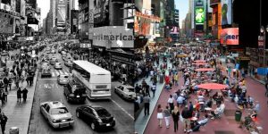 A recreation of how New York's Times Square could be transformed as part of the ideas of reversible urbanism which experts are calling for in the wake of the pandemic. CREDIT: PaisajeTransversal.org