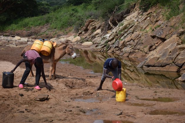 11-year-old Fatoumata Binta (left) and her brother Iphrahima Tall (right) collect water from a dry river bed. This summer, the family has struggled to get enough water. Credit: Stella Paul/IPS
