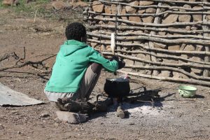 A young boy cooks food at his home in Masunduza, Mbabane, Eswatini. Experts say the current food system does not promote or produce healthy diets. Credit: Mantoe Phakathi/IPS