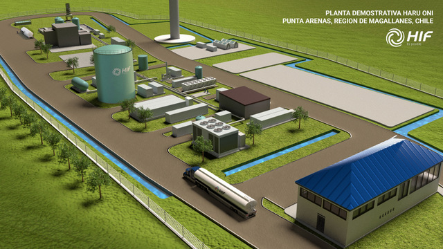 A mock-up of the Haru Oni plant, which is about to begin construction in the southern Chilean region of Magallanes, where it will take advantage of the abundant wind energy provided by the area's strong winds. With an investment of 45 million dollars, it will produce ecological methanol based on green hydrogen and the resulting gasoline will be used in conventional vehicles. CREDIT: Siemens Energía