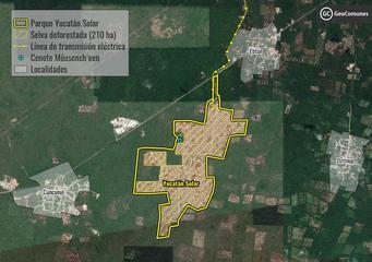 The Yucatan Solar Park, owned by Chinese company Jinko Solar, has been on hold in Mexico since 2019 due to a lack of adequate consultation with local indigenous communities. The image shows the planned location of the power plant, in the middle of the jungle in the southeastern state of Yucatan and, top right, the city of Valladolid. CREDIT: Justice Atlas