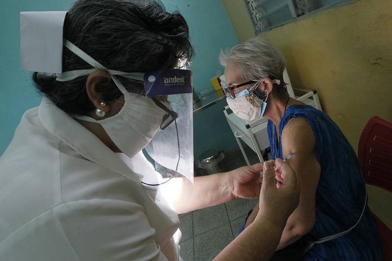 A patient receives the third dose of the Abdala anti-COVID vaccine at a hospital in Havana. Cuba has developed three vaccines against the coronavirus that could be used in other Caribbean island countries once all the steps for their international use have been completed. CREDIT: Jorge Luis Baños/IPS