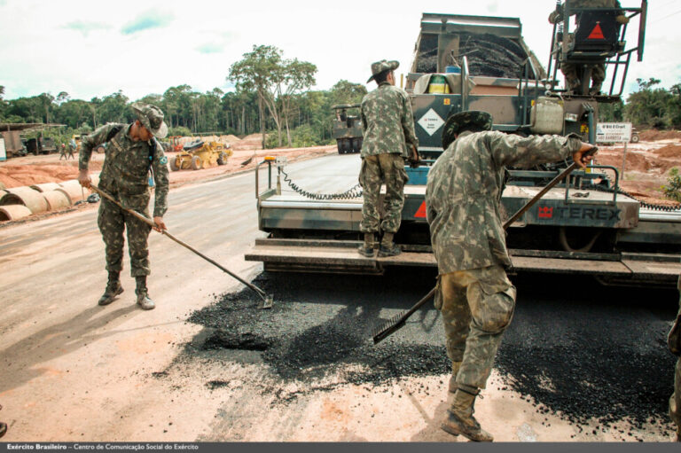 The Brazilian army always deploys members of its engineer brigade to repair roads in remote areas, such as the Amazon rainforest. But in the case of the BR-319 highway between Manaus and Porto Velho, millions of dollars in investments and costly maintenance services are necessary, which prevent its concession to private companies. CREDIT: Brazilian Army