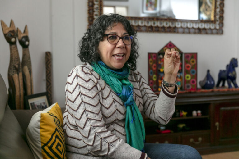 Rossana Mendoza, a university professor in the Intercultural Bilingual Education program, says at her home in Lima that "the priority is to recover this population excluded from the education system,” referring to children and adolescents who are marginalized from the classroom, a proportion that has grown since the start of the COVID pandemic. CREDIT: Mariela Jara/IPS