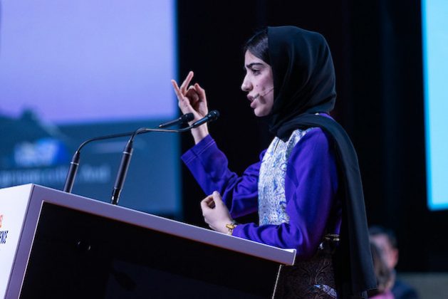 Faruqi, Education Cannot Wait Global Champion and Captain of the Afghan Girls Robotics Team speaking during the Spotlight on Afghanistan at the ECW High-Level Financing Conference in Geneva, Switzerland. Credit: ECW/Michael Calabrò