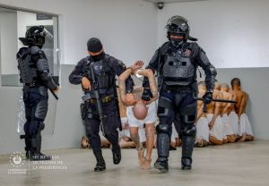 Alleged gang members are transferred to the Terrorism Confinement Center, a mega-prison built by the government of Nayib Bukele in El Salvador to house 40,000 detainees accused of belonging to organized crime. CREDIT: Presidency of El Salvador