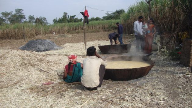 Jaggery making on a sugarcane farm in Mandla. Small-scale farmers in India are benefitting from a scheme where they are able to diversify their farms and get support through Farmer Producer Organisations. Credit: Rina Mukherji/IPS