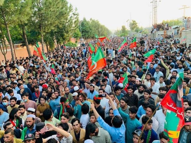 Protestors in Peshawar gather to voice their objection to former Prime Minister Imran Khan’s arrest. Credit: Ashfaq Yusufzai/IPS