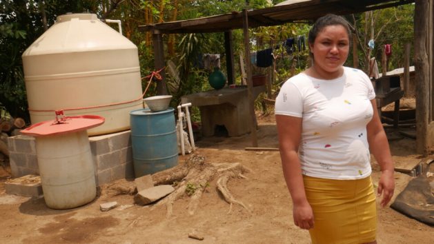 A rainwater harvesting system was installed in the home of Marlene Carballo, in the town of Jocote Dulce in eastern El Salvador, in the Central American Dry Corridor, in November 2022. The system, with pipes and gutters running from the roof to a polyethylene bag, will start operating in May of this year, at the beginning of Central America’s rainy season. CREDIT: Edgardo Ayala/IPS