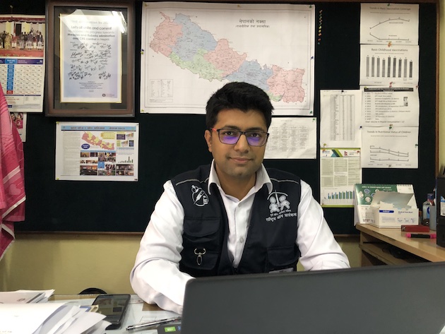 Dr Abhiyan Gautam at his office desk, according to him, even during Covid-19 pandemic regular vaccination was also going on. CREDIT: Tanka Dhakal/IPS