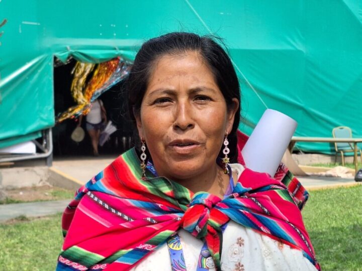 During her participation in the Encuentro Feminismos Diversos por el Buen Vivir held in Chosica, near Lima, Fermina Quispe, a farmer from the Andes highlands of the department of Puno, in southern Peru, dresses in a colorful lliclla, a handmade Quechua blanket. She is working on solutions in her community to mitigate the impact of a severe drought on subsistence agriculture and livestock production. CREDIT: Mariela Jara / IPS