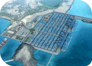 Projection of what the multipurpose port under construction in Chancay Bay will look like in an area of 141 hectares. The first of the four planned terminals is to be inaugurated in November 2024, eight years after the start of construction. CREDIT: Cosco Shipping