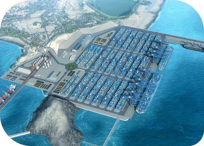 Projection of what the multipurpose port under construction in Chancay Bay will look like in an area of 141 hectares. The first of the four planned terminals is to be inaugurated in November 2024, eight years after the start of construction. CREDIT: Cosco Shipping